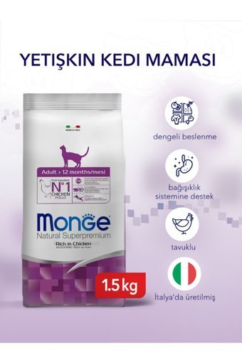 Monge Natural Super Premium Tavuk Az Tahıllı Yetişkin Kuru Kedi Maması 1.5 kg