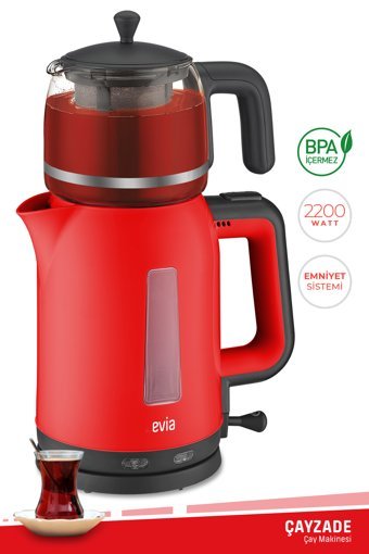 Evia EA 4308S Çayzade Çelik Demlikli 2200 W Işıklı Çelik Gövdeli Kırmızı Retro Çay Makinesi