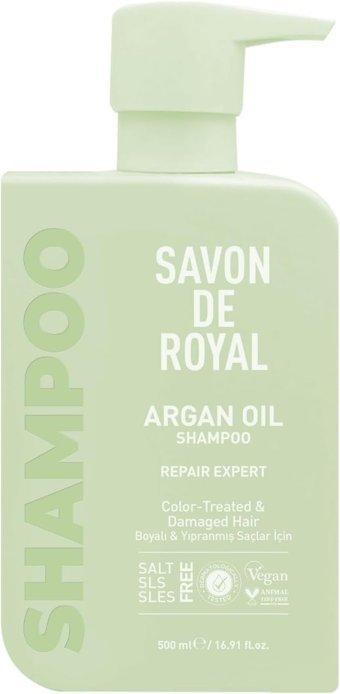 Savon De Royal Onarıcı Boyalı Düz Saçlar İçin Sülfatsız Argan Yağlı Parabensiz Kremsiz Şampuan Unisex Şampuanı 500 ml