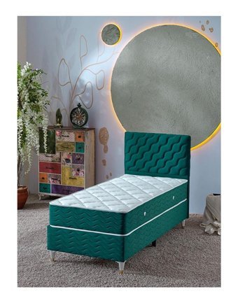 Beehanem Simge 90x190 cm Başlıklı Yataklı Sandıklı Tek Kişilik Baza Seti Yeşil