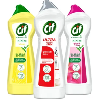 Cif Frezya ve Müge Çiçeği Kokulu Limon Kokulu Yüzey Temizleyici 2x750 ml + Ultra Hijyen Şeffaf 675 ml
