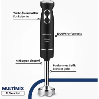 Goldmaster Multimix Turbolu 4 Bıçaklı Tekli El Blender Siyah
