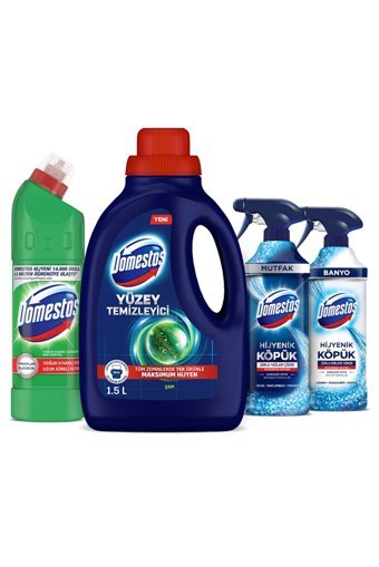 Domestos Çam Kokulu Yüzey Temizleyici 1.5 lt + Dağ Esintisi Çamaşır Suyu 750 ml + Hijyenik Köpük Banyo Muftak 450 ml