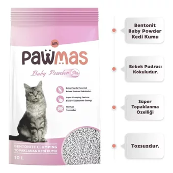Pawmas Bebek Pudrası Kokulu Topaklanan İnce Taneli Bentonit Kedi Kumu 10 lt