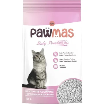 Pawmas Bebek Pudrası Kokulu Topaklanan İnce Taneli Bentonit Kedi Kumu 10 lt