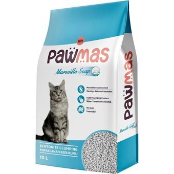 Pawmas Marsilya Sabunu Kokulu Topaklanan İnce Taneli Bentonit Kedi Kumu 10 lt