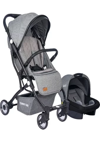 TommyBaby Mia Katlanabilir Tek Elle Kapanan 360 Derece Dönen Tam Yatar Kabin Tipi Travel Sistem Bebek Arabası Gri