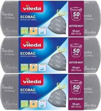 Vileda EcoBag Büzgülü Büyük Boy 68x73 cm Çöp Poşeti 3x10 Adet Gri