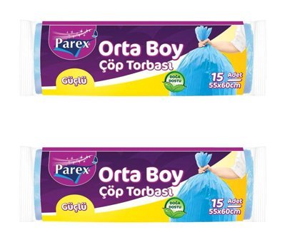 Parex Güçlü Büzgülü Orta Boy 55x60 cm Çöp Poşeti 2x15 Adet Mavi