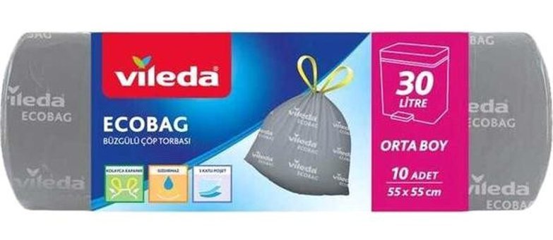 Vileda EcoBag Büzgülü Orta Boy 55x55 cm Çöp Poşeti 15 Adet Gri