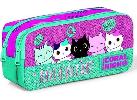 Coral High Pembe-Su Yeşili Düz Bez Bölmeli Çift Gözlü Kedi Dikdörtgen Cüzdan Kalemlik