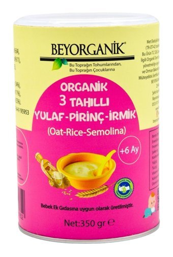 Beyorganik Laktozsuz Tahıllı Glutensiz Organik İrmik-Pirinç-Yulaf Probiyotikli Kaşık Maması 350 gr