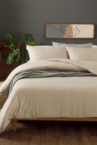 English Home Classy Melange Pamuklu 160x220 cm Lastikli Çizgili Tek Kişilik Nevresim Takımı Gold-Bej