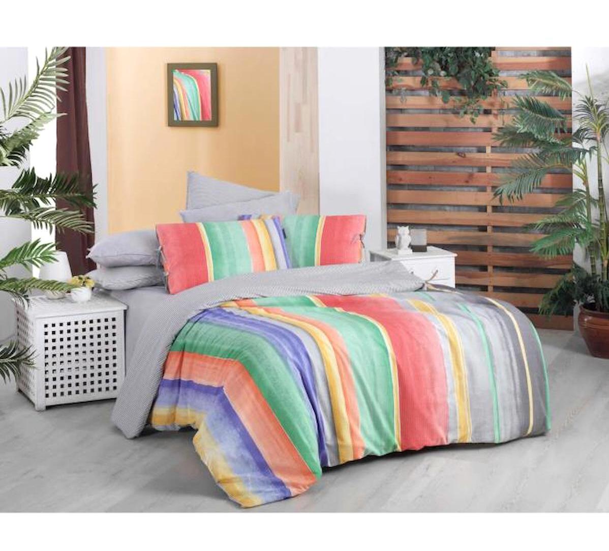 Sarev Moretti Fancy Poplin 160x220 cm Lastikli Çizgili Tek Kişilik Nevresim Takımı Çok Renkli