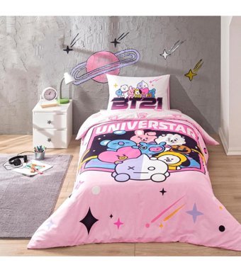 Taç Universtar Pamuk 160x220 cm Lastikli Çizgi Kahraman Tek Kişilik Nevresim Takımı Pembe