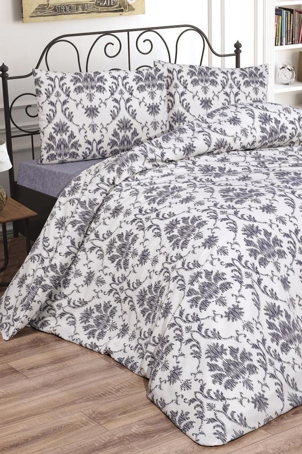 Çeyiz Diyarı Mary Pamuk-Polyester 160x220 cm Lastikli Çiçekli Tek Kişilik Nevresim Takımı Gri