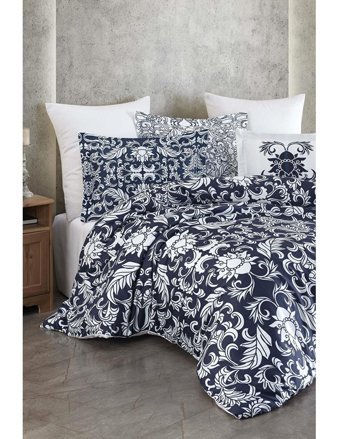 Varol Laura Home Capri Bambu 160x220 cm Lastikli Çiçekli Tek Kişilik Nevresim Takımı Beyaz-Lacivert