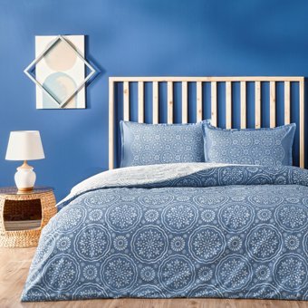 Linens Pamuk 160x220 cm Lastikli Çiçekli Tek Kişilik Nevresim Takımı Mavi