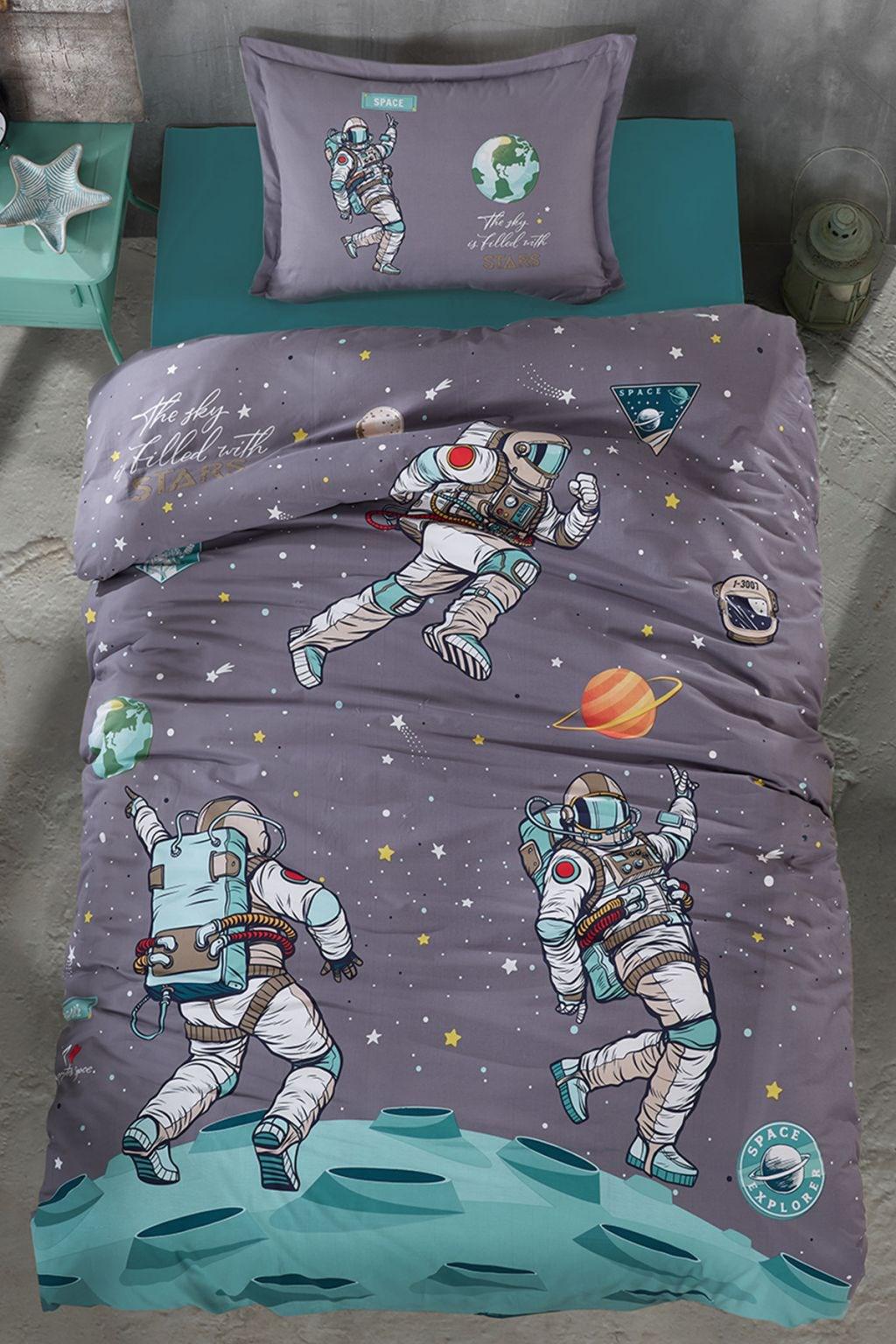 Clasy Space Pamuk 160x220 cm Lastikli Uzay Tek Kişilik Nevresim Takımı Antrasit