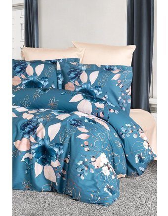 Varol Laura Home Larissa Lyocell 160x220 cm Lastikli Çiçekli Tek Kişilik Nevresim Takımı Krem-Mavi