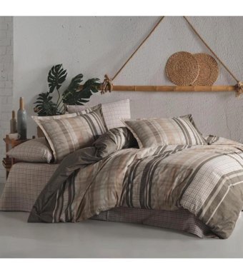 Clasy Modena Pamuk 160x220 cm Lastikli Çizgili Tek Kişilik Nevresim Takımı Bej