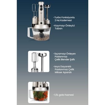 Goldmaster Elanamax 1500 ml Plastik Hazneli Turbolu 4 Bıçaklı 5'li Blender Seti Gümüş
