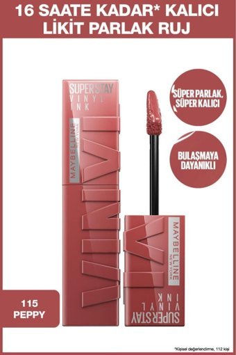 Maybelline New York Super Stay Vınyl Ink 115 Peppy Kalıcı Parlak Likit Fırçalı Ruj