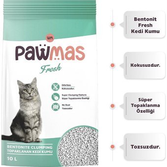 Pawmas Fresh Kokulu Topaklanan İnce Taneli Bentonit Kedi Kumu 10 lt