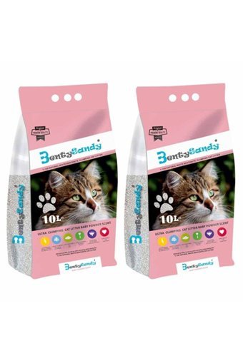 Benty Sandy Bebek Pudrası Kokulu Topaklanan Kalın Taneli Bentonit Kedi Kumu 2x10 lt