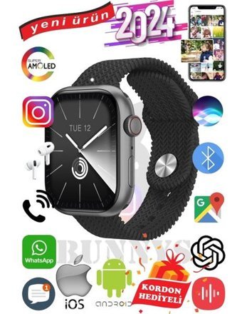 Rabbit Store Watch 9 Max+ 2024 Android GPS 45 mm Silikon Örgü Kordon Oval Unisex Akıllı Saat Gri + Kordon Hediye