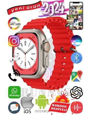 Bunnys Ultra Max 2024 Android GPS 49 mm Silikon Kordon Oval Unisex Akıllı Saat Kırmızı + Kordon Hediye