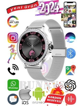 Bunnys HK27 Android 41 mm Metal Kordon Yuvarlak Kadın Akıllı Saat Gümüş