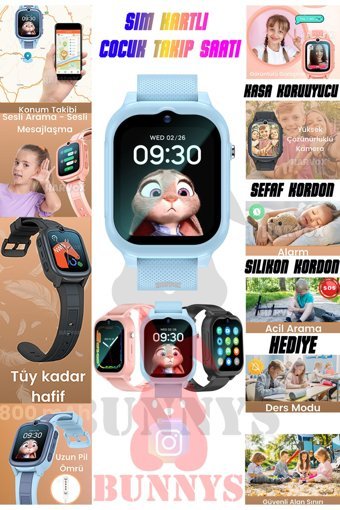 Bunnys HX Kids 4G Android GPS 42 mm Silikon Kordon Kare Kameralı Unisex Sim Kartlı Akıllı Saat Mavi