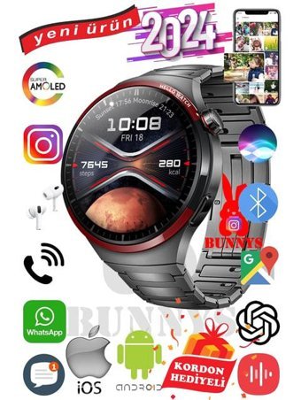 Bunnys Hello HT-13 Android 46 mm Silikon Kordon Yuvarlak Erkek Akıllı Saat Siyah + Kordon Hediye