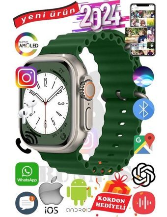 Bunnys Ultra Max 2024 Android GPS 49 mm Silikon Kordon Oval Unisex Akıllı Saat Haki + Kordon Hediye