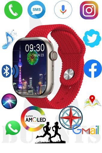 Rabbit Store Watch 9 Pro Android 45 mm Silikon Örgü Kordon Oval Unisex Akıllı Saat Kırmızı