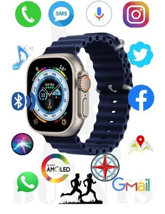 Bunnys Watch 8 Ultra Android GPS 49 mm Silikon Kordon Oval Unisex Akıllı Saat Mavi