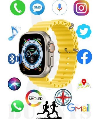 Bunnys Watch 8 Ultra Android GPS 49 mm Silikon Kordon Oval Unisex Akıllı Saat Sarı