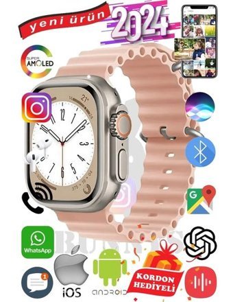 Bunnys Ultra Max 2024 Android GPS 49 mm Silikon Kordon Oval Unisex Akıllı Saat Pembe + Kordon Hediye