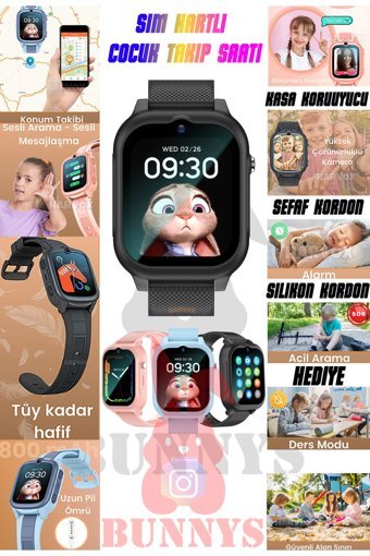 Bunnys HX Kids 4G Android GPS 42 mm Silikon Kordon Kare Kameralı Unisex Sim Kartlı Akıllı Saat Siyah