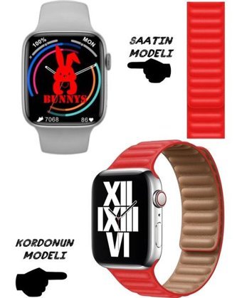 Bunnys Watch 8 Android GPS 45 mm Silikon Kordon Kare Unisex Akıllı Saat Kırmızı