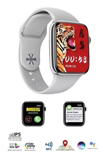 Bunnys Watch 8 Pro Android GPS 45 mm Silikon Kordon Kare Unisex Akıllı Saat Gümüş