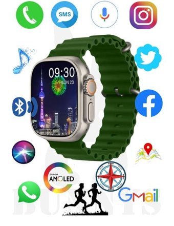 Bunnys Watch 8 Ultra Android GPS 49 mm Silikon Kordon Oval Unisex Akıllı Saat Yeşil