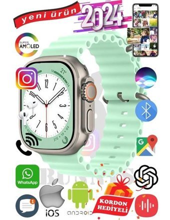 Bunnys Ultra Max 2024 Android GPS 49 mm Silikon Kordon Oval Unisex Akıllı Saat Su Yeşili + Kordon Hediye