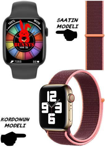 Bunnys Watch 8 Android GPS 45 mm Silikon Kordon Kare Unisex Akıllı Saat Bordo