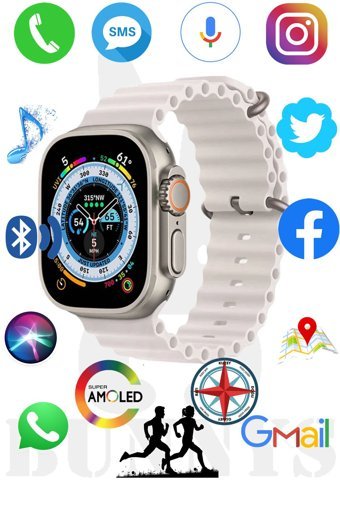 Rabbit Store Watch 8 Ultra Android GPS 49 mm Silikon Kordon Oval Unisex Akıllı Saat Beyaz