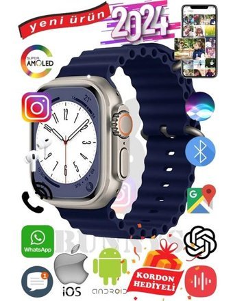 Bunnys Ultra Max 2024 Android GPS 49 mm Silikon Kordon Oval Unisex Akıllı Saat Lacivert + Kordon Hediye