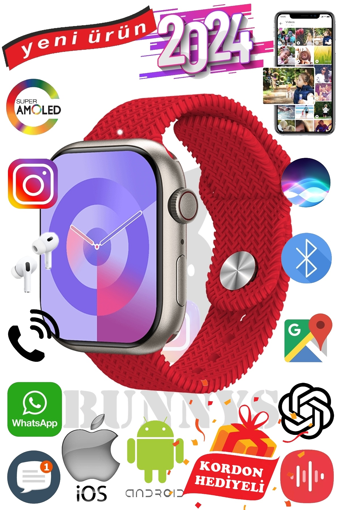 Rabbit Store Watch 9 Max+ 2024 Android GPS 45 mm Silikon Örgü Kordon Oval Unisex Akıllı Saat Kırmızı + Kordon Hediye