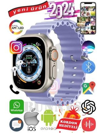 Bunnys Ultra Max 2024 Android GPS 49 mm Silikon Kordon Oval Unisex Akıllı Saat Lila + Kordon Hediye