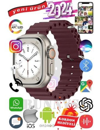 Bunnys Ultra Max 2024 Android GPS 49 mm Silikon Kordon Oval Unisex Akıllı Saat Bordo + Kordon Hediye